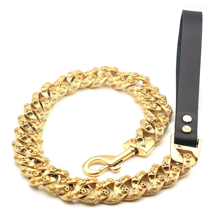 Golden Stainless Steel Dog Chain with Leather Handle